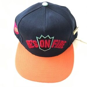 NWOT CAYLER & SONS HE'S ON FIRE 100% Cotton Snapback Cap Hat Navy Blue Orange